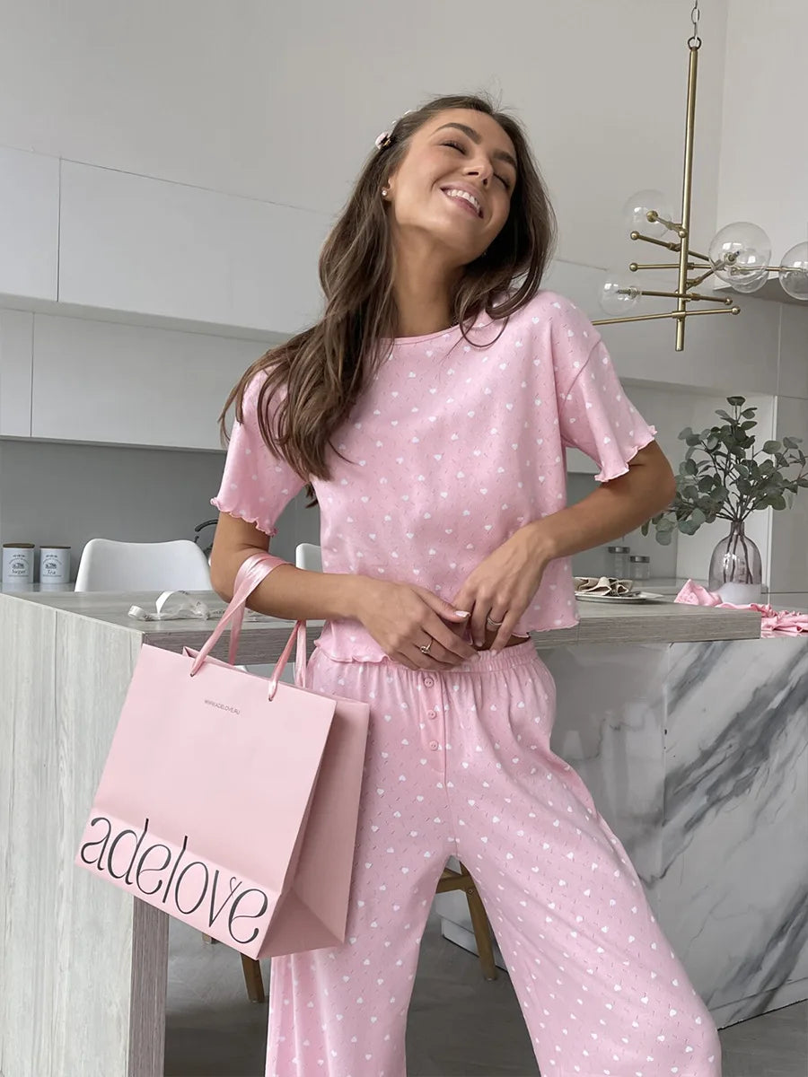 Muzuleva New Fashion Love-Printed Short-Sleeved Pants Pajama Set Women's Summer Pink Sleepwear Loose Casual 2-Piece Set