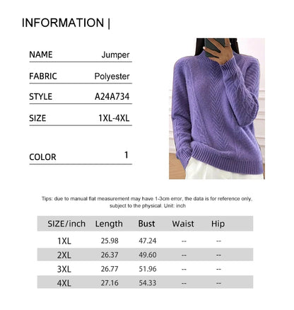 Plus Size Stranded Knit Ribbed Pullover Sweater Casual Solid High Neck Long Sleeve Sweater Suitable for Autumn and Winter