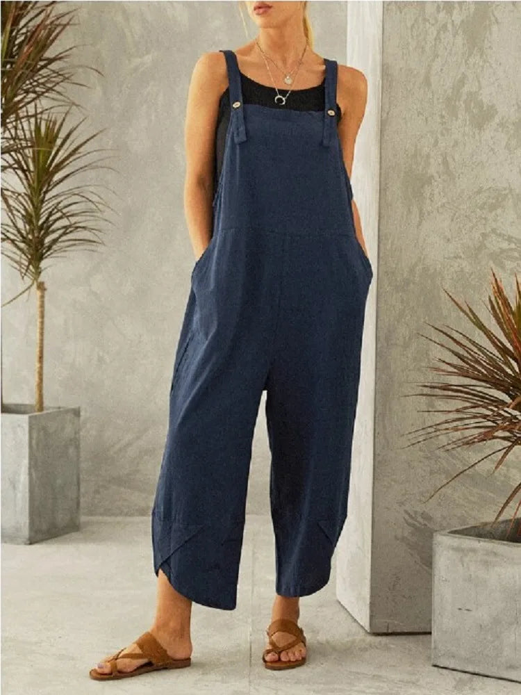 Women Loose Wide Leg Overalls Summer Adjustable Solid Color Cotton Linen Baggy Full Trousers Female Jumpsuits Oversized