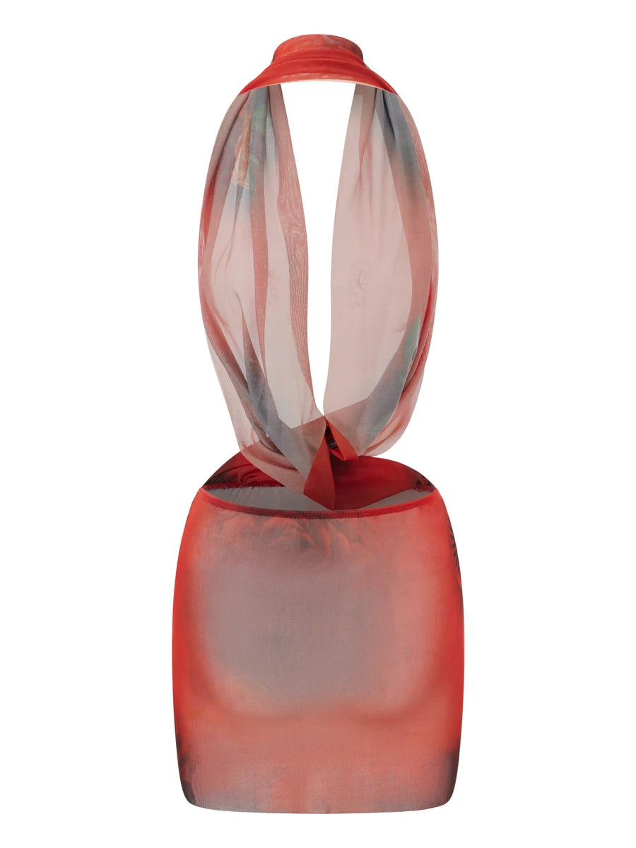 Combhasaki Womens Summer Beachwear Y2K Halter Deep V-Neck Sleeveless Backless Flower Tie-dye Print Bodycon Slim Short Mini Dress