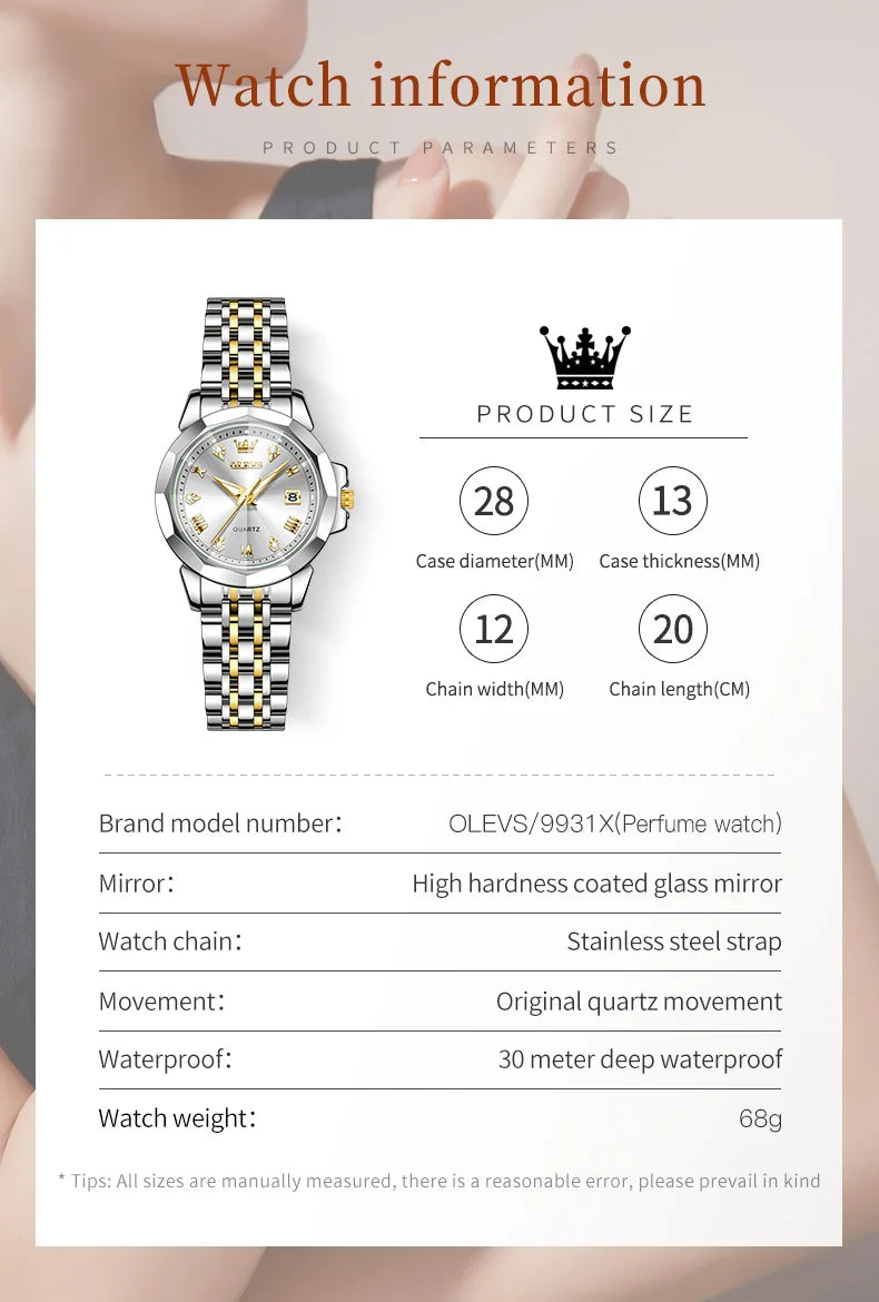 OLEVS 9931X Womens Perfume Watch Rhombic Quartz Watch Stainless Steel Waterproof Ladies Date Watch Gifts Original Elegant New