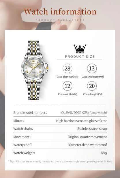 OLEVS 9931X Womens Perfume Watch Rhombic Quartz Watch Stainless Steel Waterproof Ladies Date Watch Gifts Original Elegant New