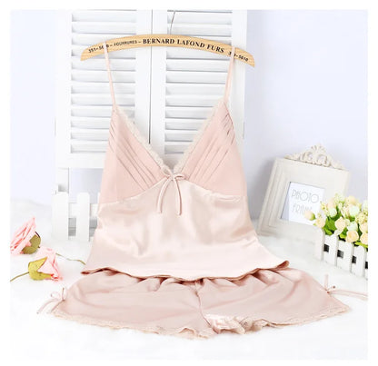 Black Pajamas Suit Lace Up Cami&shorts Set 2Pcs Satin Home Clothes Lady Sexy Lingerie Sleepwear Loungewear Plus Size 3Xl