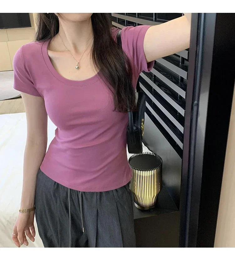 Femme 2025 Summer Casual Cotton T Shirt For Women Short Sleeve Tshirts Fashion Womens Clothing Slim Basic O Neck Y2K Tee Shirt