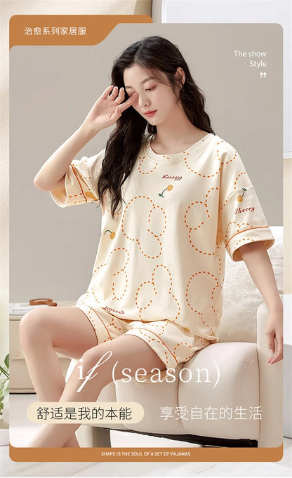 Summer 100% Cotton Women's Pajamas With Padded Bra Sweet Princess Cartoon Comfortable Short Sleeve Shorts Pajama Sets