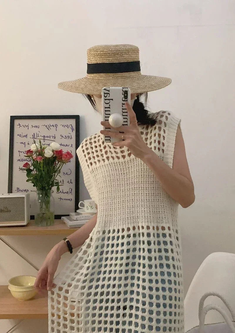 TKNOLEGE Knitted Dress Hollow French Style Fashion O-neck Out Design Sleeveless Solid Casual Tender Holiday Chic Ladies Dress ﻿