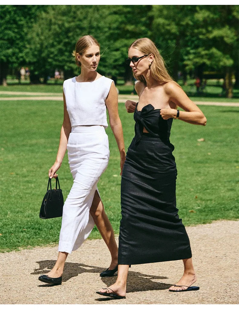 Summer New 100% Linen Sleeveless Crop Top Women's Loose Casual Solid Color Cute Tops Round Neck Minimalist Short T-Shirts