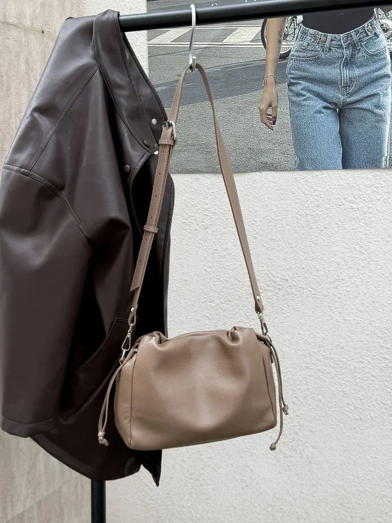 Ladies' New Premium Full-Grain Wrinkled Leather Crossbody Bag - Women's Chic Shoulder Commuter Bag with Organizer Pockets