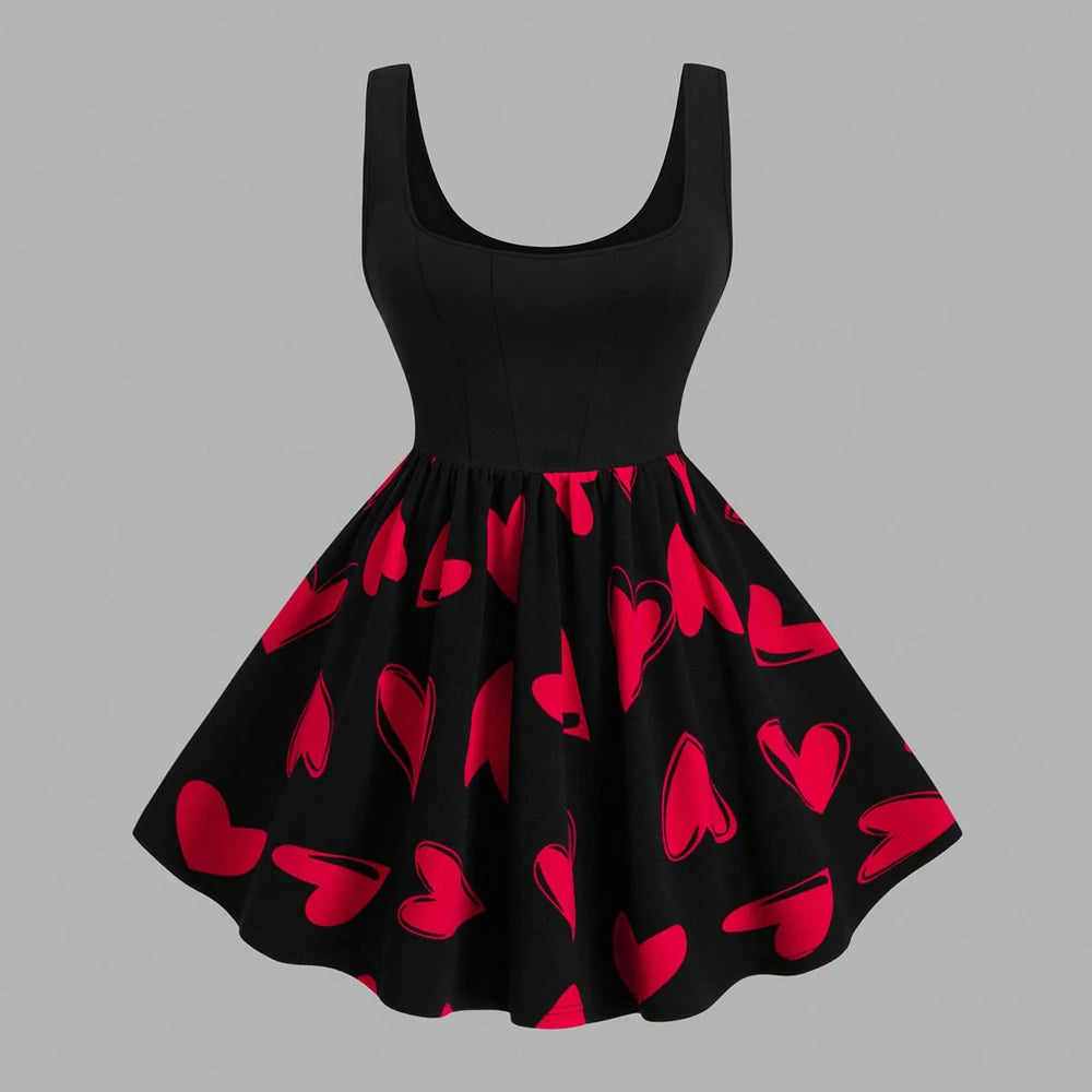 Plus Size Women's Red Heart Patchwork Round Neck Sleeveless Casual Dress for Valentine's Day and Summer