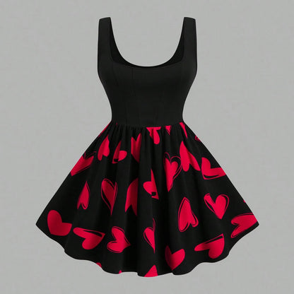 Plus Size Women's Red Heart Patchwork Round Neck Sleeveless Casual Dress for Valentine's Day and Summer