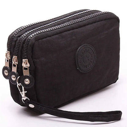 Bags Fabric Phone Purse Solid Color Coin Purse Three Zippers Bags Korean Style Wallets Women Wallets Wrinkle Clutch Bag black