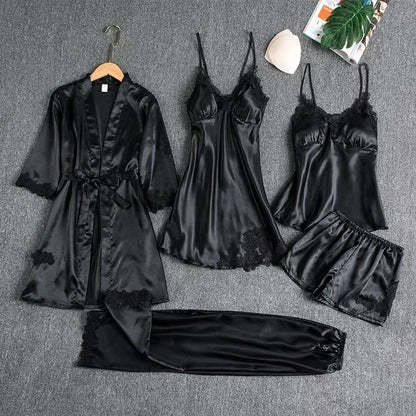 5-piece Set of Women's Sleepwear Sexy Silk Nightgown Lace Satin Nightgown V-neck Vest Breathable Comfortable Women's Nightgown Black
