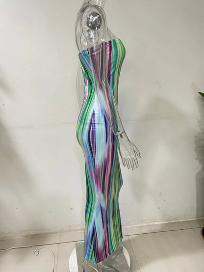 Spring And Summer Dresses For Women Chest Wrap Printed Off Shoulder Bandage Slim Sexy Long Dress 2023 New Fashion party MsChuh