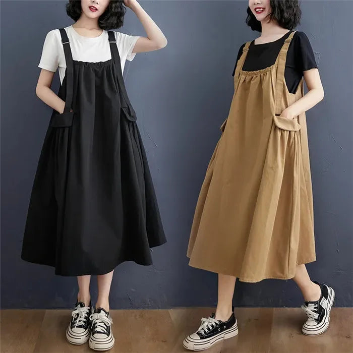Female Dress Summer Mid-Length Loose Solid Color Pocket Swing Chic Casual Straps Dresses New Women Dress Vestidos Selling