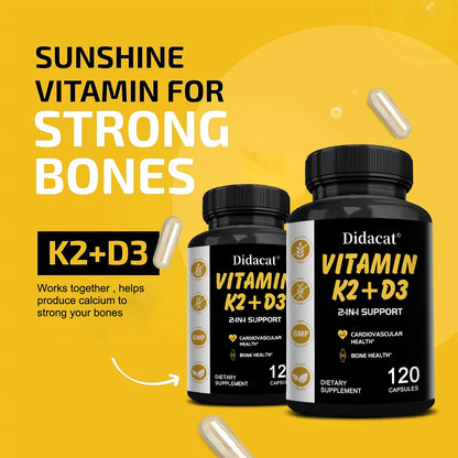 Didacat Vitamin D3+K2 Capsules, Support Calcium Absorption Bone Teeth Heart Brain Health Joints Immune Function