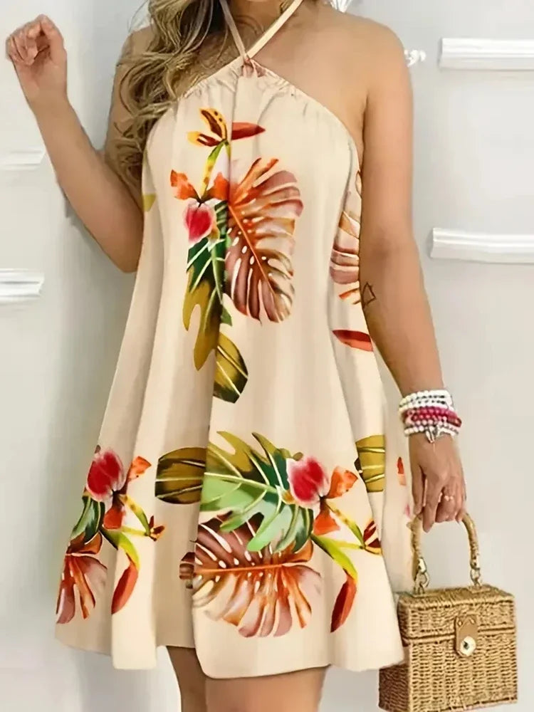 Plus Size Women 1XL-5XL Fashion Elegant Floral Print Halter Loose Dress Ladies Casual Sleeveless Summer Beach Dress