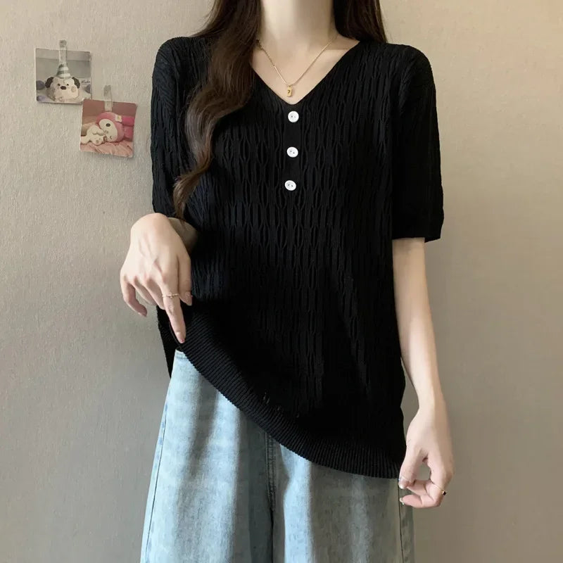 Plus Size Women's Summer New Style Slim Fit Knitted Top Belly Covering T-Shirt for Plump Sister V-Neck Big Code Sweater