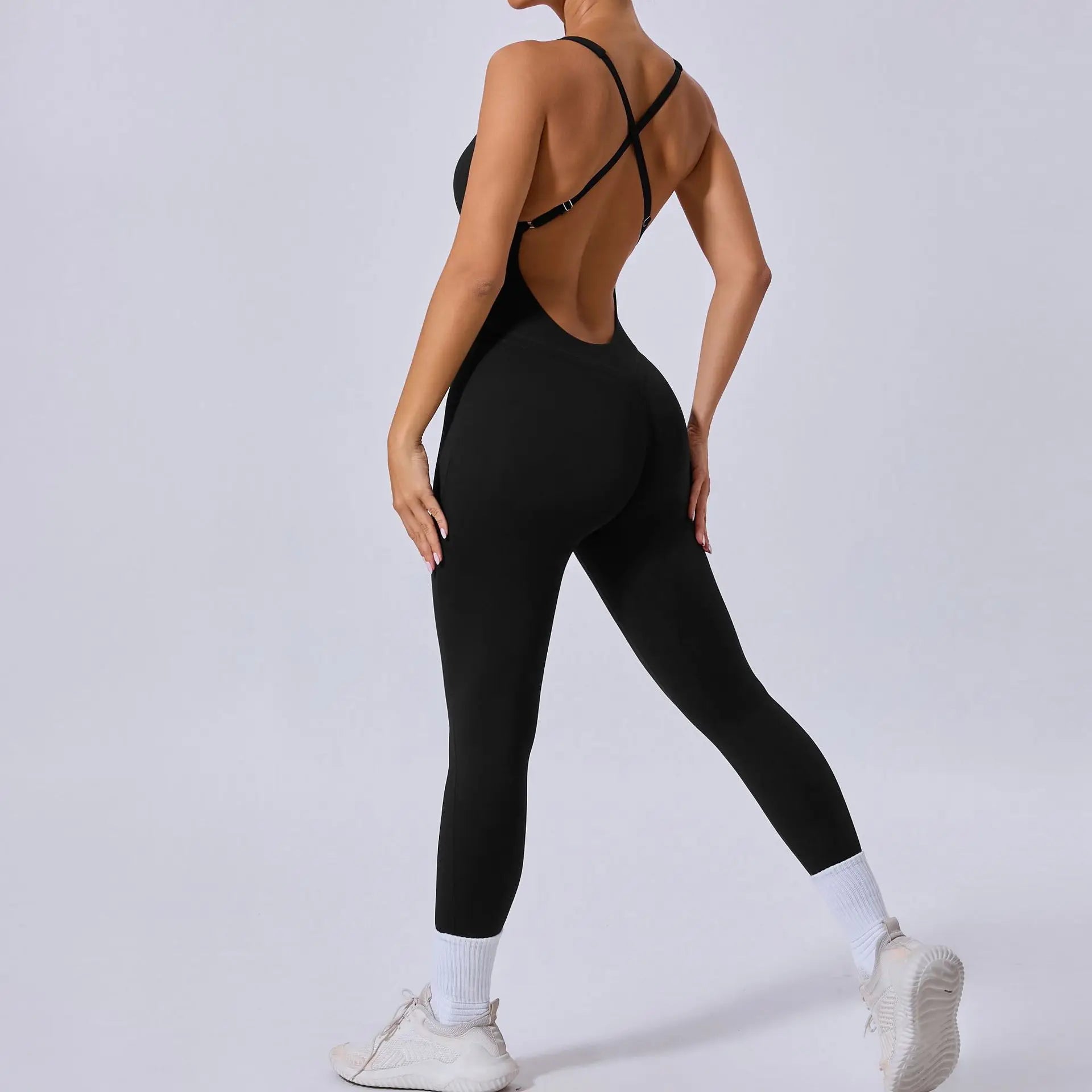 Rompers Yoga Sets Solid Black Hollow Out Bandage Backless Cross Jumpsuit for Women Fitness One-piece Gym Clothing Tracksuit