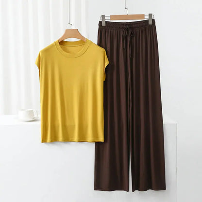 Modal Loose Homewear set O-neck Tshirts short sleeves and Wide leg pants Casual streetwear suit all match yellowCoffee