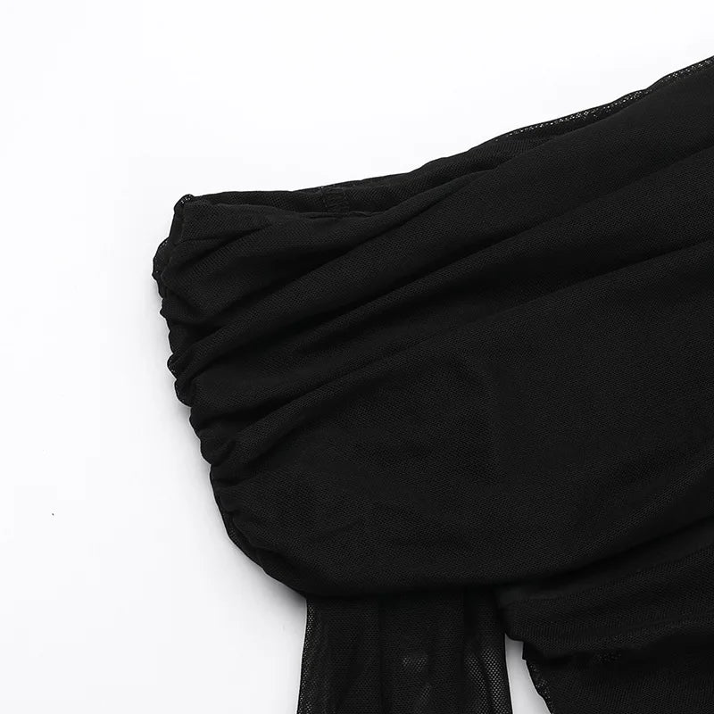 Y2k Summer New Solid Color Long Sleeve Off Shoulder Dresses Sexy Wrap Hip Mesh See Through Ruched Patchwork Long Dress 2024 New