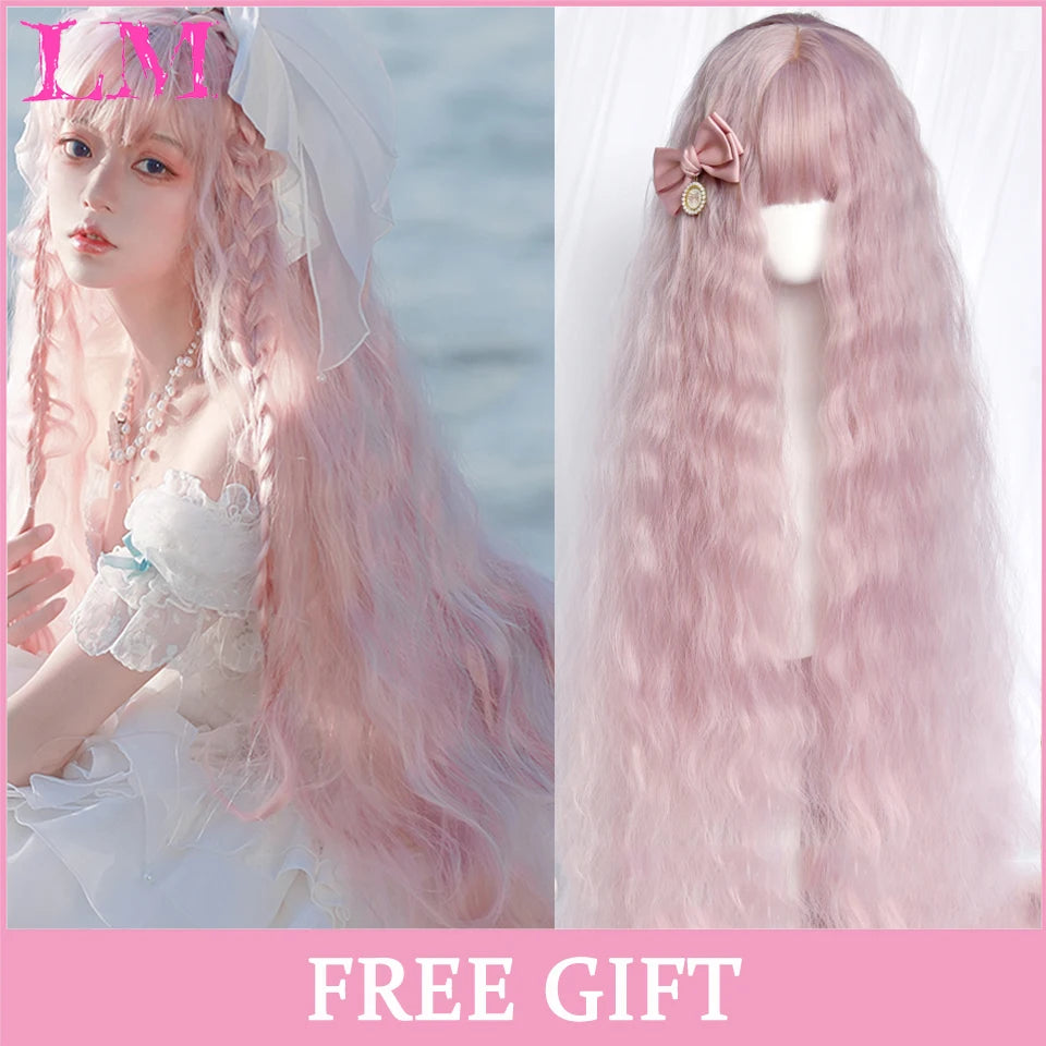LM Long Silky Straight Synthetic Wigs with Bangs Black Cosplay Party Lolita Hair Wigs for Women Natural Heat Resistant Wig T1B 350