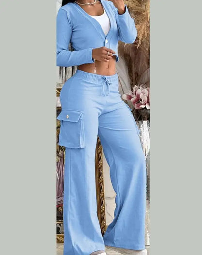 Women's Spring Summer New Fashionable Solid Color Printed Sexy Waist Short Top Casual Pants Set For Women