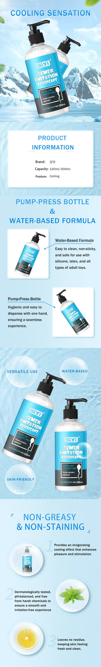 120ml/300ml Cooling Water-Based Lubricant for sex – Long-Lasting, Skin-Friendly, Non-Sticky,Toy-Safe,Easy Clean Lube for Couples