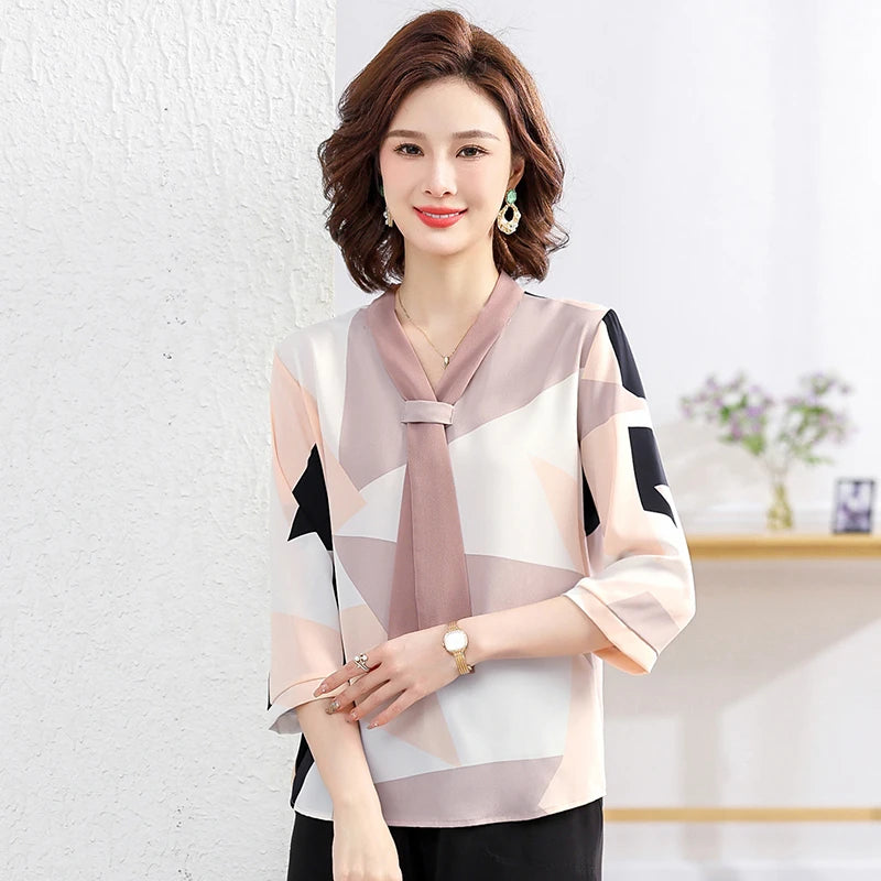Women's Shirt Middle-aged Mother Elegant Summer Lady Shirts Bandage Floral Printed Chiffon Shirt Blouse Women's Clothing