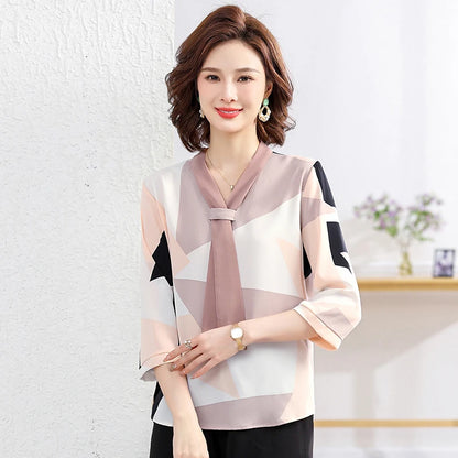 Women's Shirt Middle-aged Mother Elegant Summer Lady Shirts Bandage Floral Printed Chiffon Shirt Blouse Women's Clothing