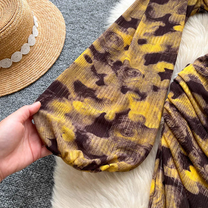 Chic vintage long sleeve Criss-Cross print pleated Elegant Fairy korean fashion dress women clothing Long dress