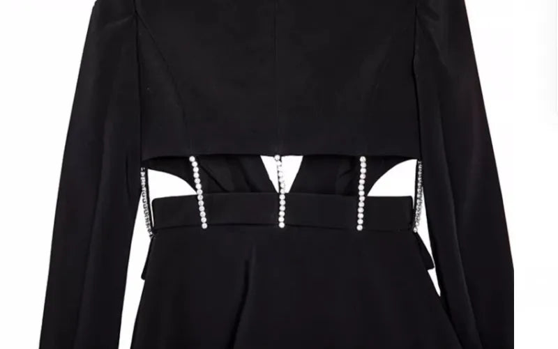 Designer Women Diamonds Hollow Out High Waist Slim Fit Blazers Top Straight Pants Two Piece Set Party Office Ladies Suits Set Badiee Stylez