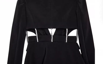 Designer Women Diamonds Hollow Out High Waist Slim Fit Blazers Top Straight Pants Two Piece Set Party Office Ladies Suits Set Badiee Stylez