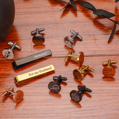 Custom Engraved Round Cufflinks & Tie Clip Set Stainless Steel Anniversary Wedding Birthday Groomsmen Gift for Father Husband Badiee Stylez