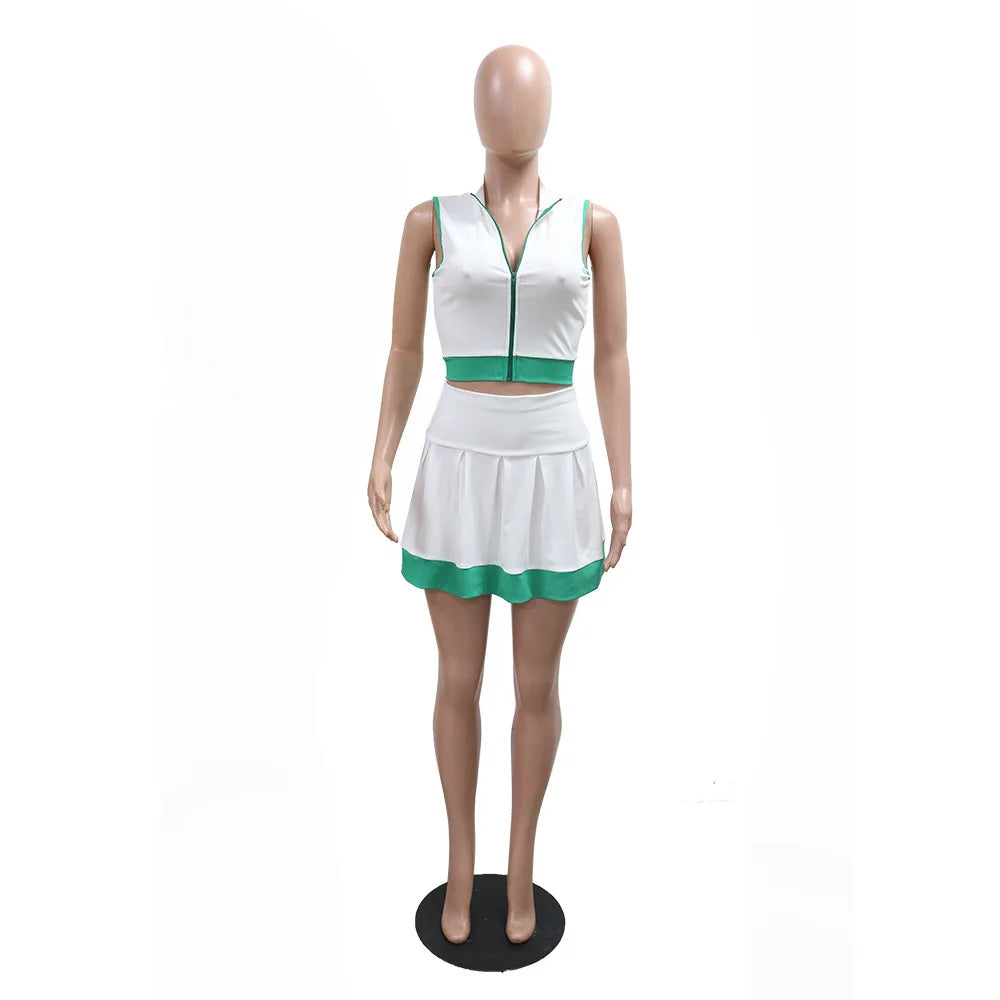 CM.YAYA Women's Set Sleeveless V-neck Vest + Pleated Skirts 2025 Summer Cute Street Beach Two 2 Piece Sets Outfits Tracksuit