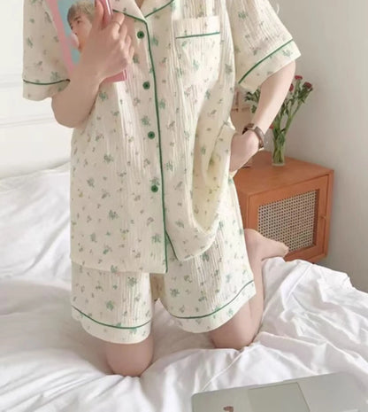 Cute Girl's Summer Cotton Linen ort Sve Nightgown Home Clothes Set Bear Print Gauze Spwear Simple Home Sle