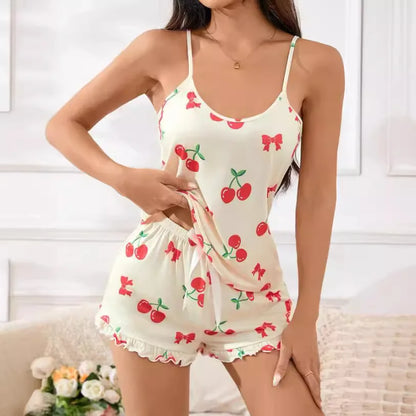 Summer New Women's Pajama Set Breathable Soft Casual Print Cami Top and Ruffle Shorts Sweet Home Strap Shorts Pajamas ﻿