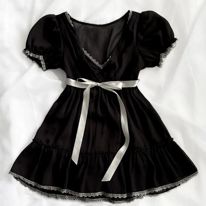 Sweet and versatile women's dress Y2K solid color square collar fairy tale kawaii commuting versatile ladylike punk women's tops black