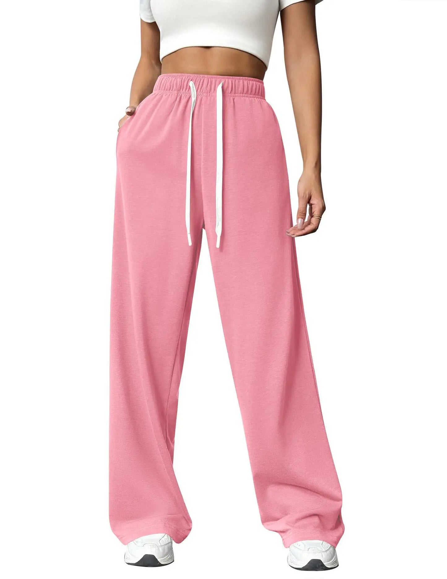 Casual Wide Leg Sports Pants for Women Casual Straight Leg Loose Solid Color Elastic Drawstring High Waisted Wide Leg Pants Pink
