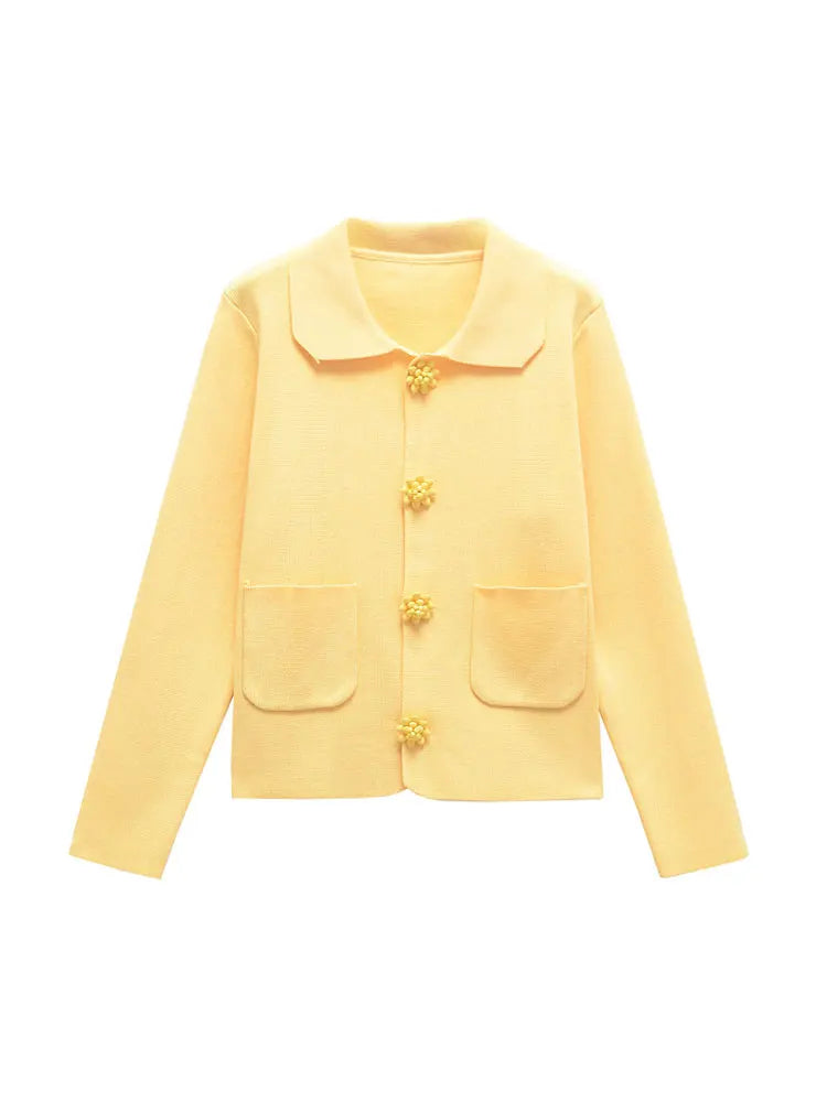 TRZA Women Fashion With Beaded Buttons Knit Cardigan Sweater Long Sleeve Patch Pockets Female Outerwear Chic Tops