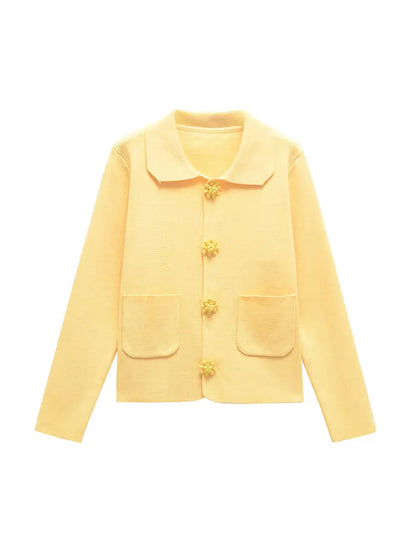 TRZA Women Fashion With Beaded Buttons Knit Cardigan Sweater Long Sleeve Patch Pockets Female Outerwear Chic Tops