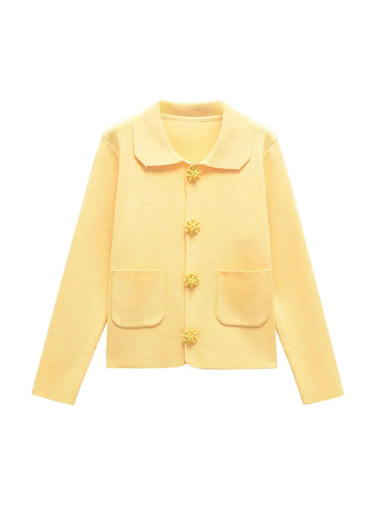 TRZA Women Fashion With Beaded Buttons Knit Cardigan Sweater Long Sleeve Patch Pockets Female Outerwear Chic Tops