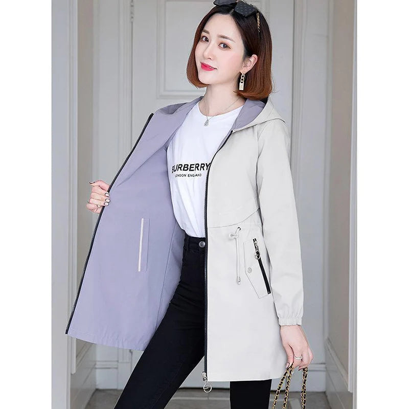 Double-Sided Trench Coat Women 2023New Fashion Spring Autumn Clothes Hooded Mid-Length Windbreakers Female Outerwear Casual Tops