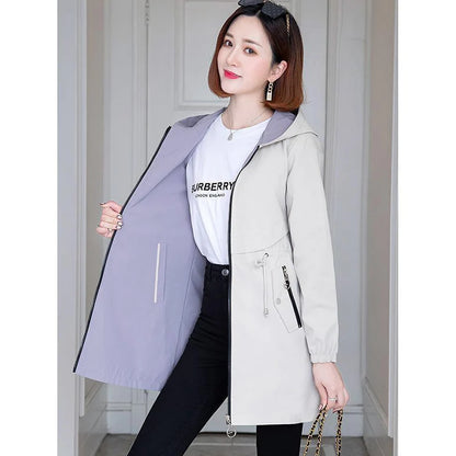 Double-Sided Trench Coat Women 2023New Fashion Spring Autumn Clothes Hooded Mid-Length Windbreakers Female Outerwear Casual Tops