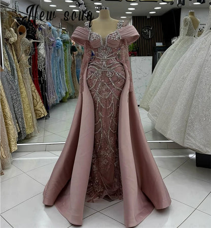 Blush Pink Long Sleeve Evening Dress With Detachable Train Women Arabic Wedding Engagement Party Gowns Lace Beaded Customized Badiee Stylez