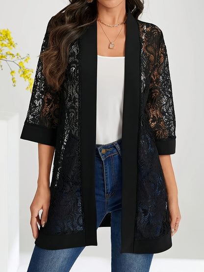 Plus Size Lace Jacket for Women Black Floral Pattern Casual Style Medium Stretch Fabric All Seasons Floral Pattern Cardigan black