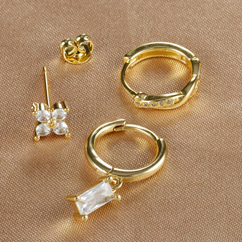 3PCS Fashion Stainless Steel Circle Hoop Earrings Set for Women 18K Gold Plated Zircon Pendant Square Earring Piercing Jewelry