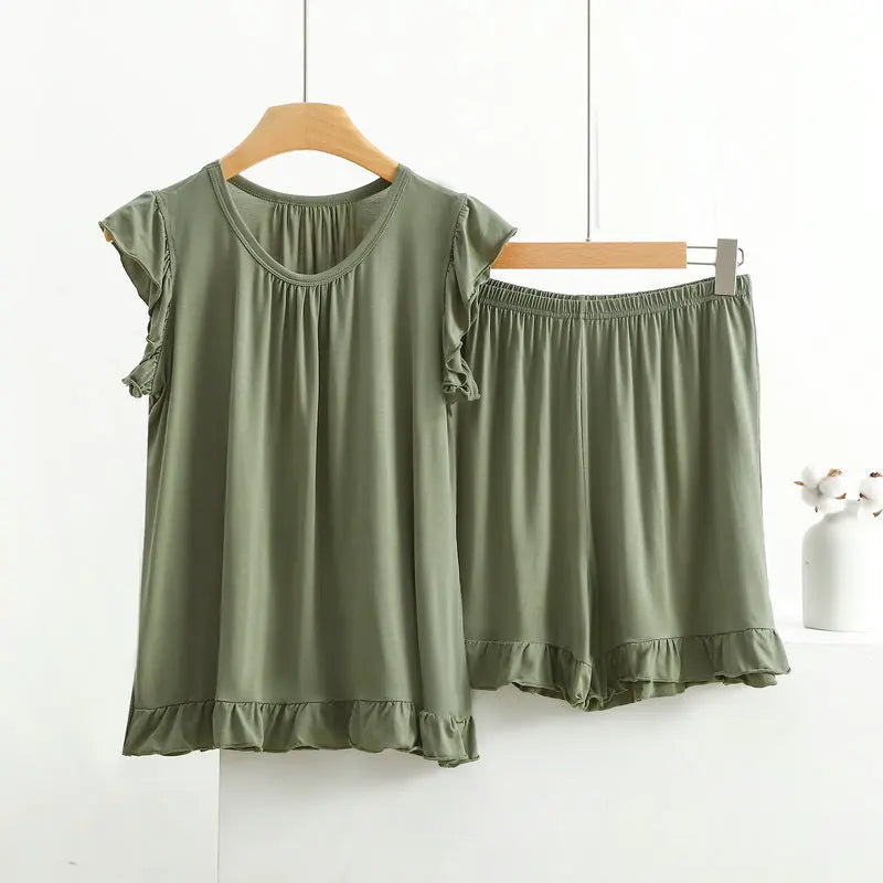 3XL-8XL Women's Pajama Sets New Plus Size Lounge Wear Modal Sleeveless Shirt Shorts Suit Sleepwear Home Clothes Ladies Pijamas army green