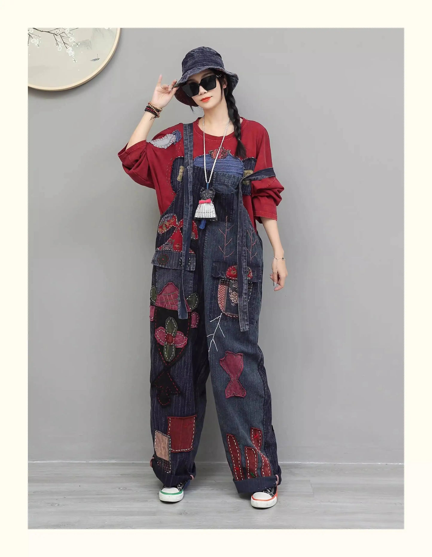 Hand Embroidery Old Cloth Patchwork Wide Leg Strap Long Pants Women Autumn Loose High Waist Jumpsuit LX4343 Badiee Stylez