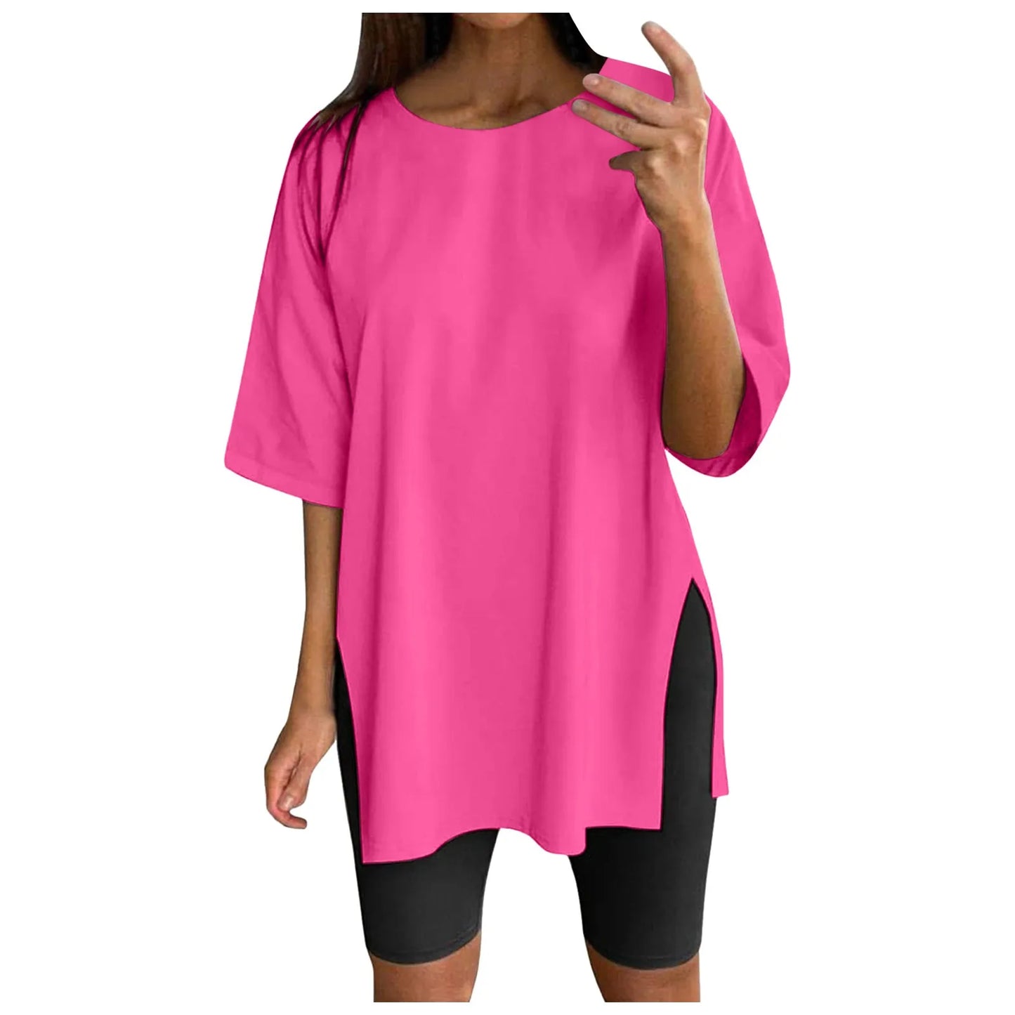 Extra Long Tops Women Oversize Sports Short Sleeve Blouses Summer Loose Tops Crew Neck Solid Large Size Side Split Pullover