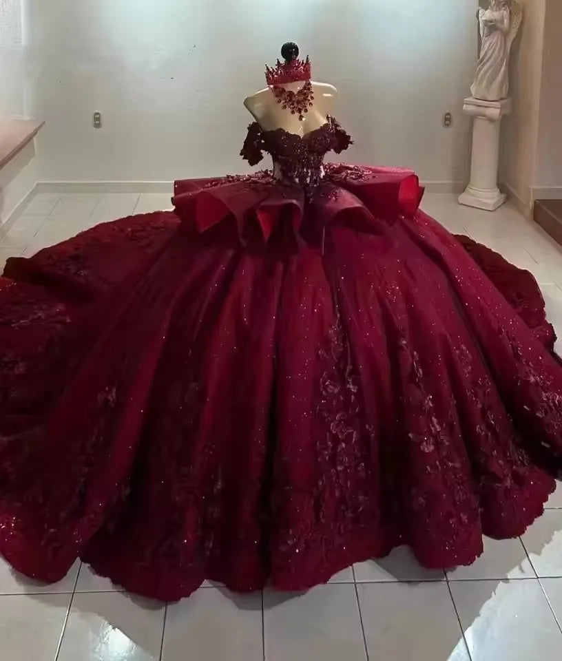 ANGELSBRIDEP Glittering Burgundy Quinceanera Dress Beading Lace Flower Birthday Party Court Train Vestidos De 15 Anos Customized Badiee Stylez